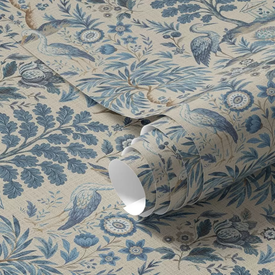 wall murals Toile de Jouy style with blue birds and tropical trees a00382