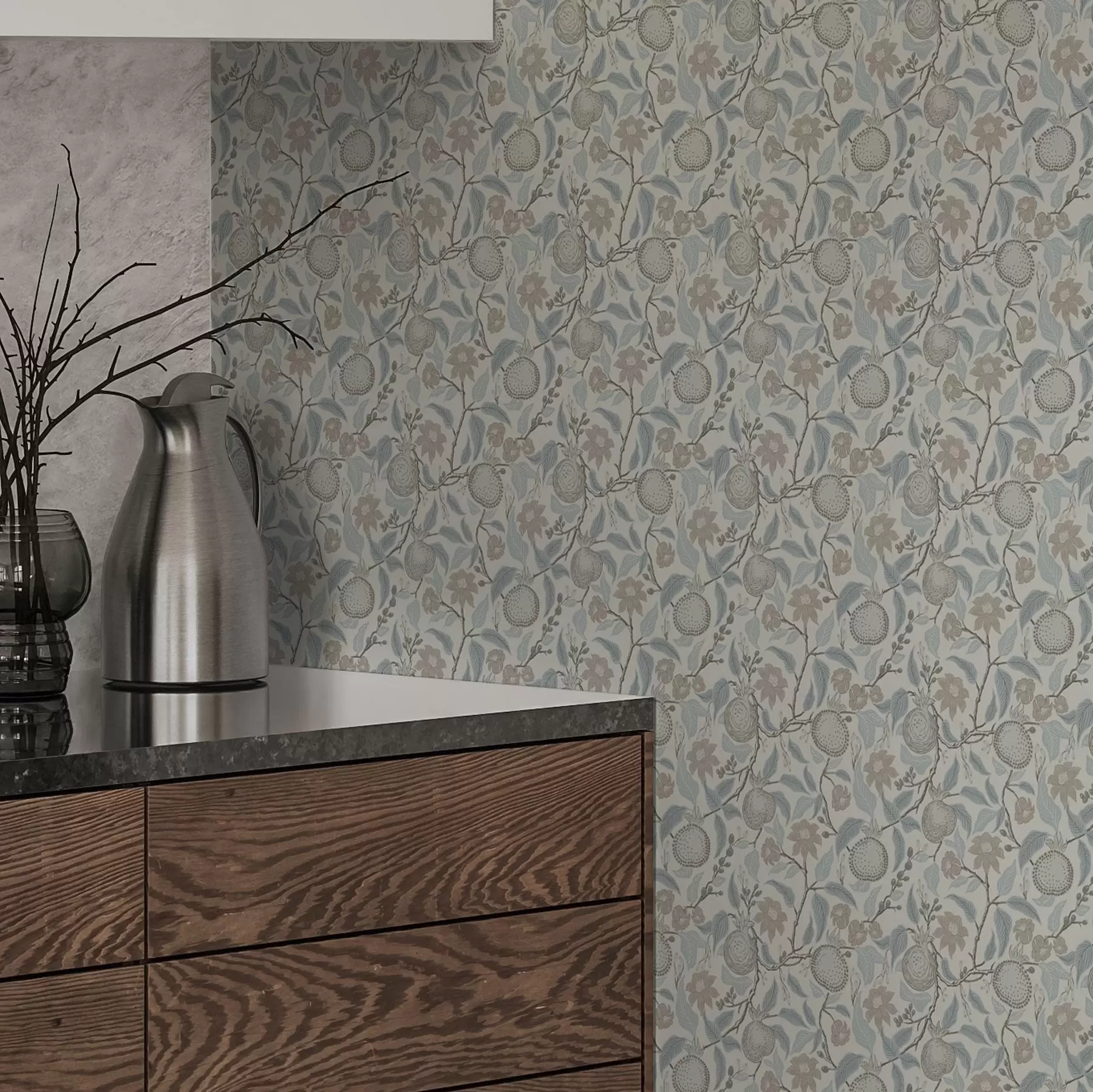 wall murals Muted pomegranate and flower branches in vintage style a00383