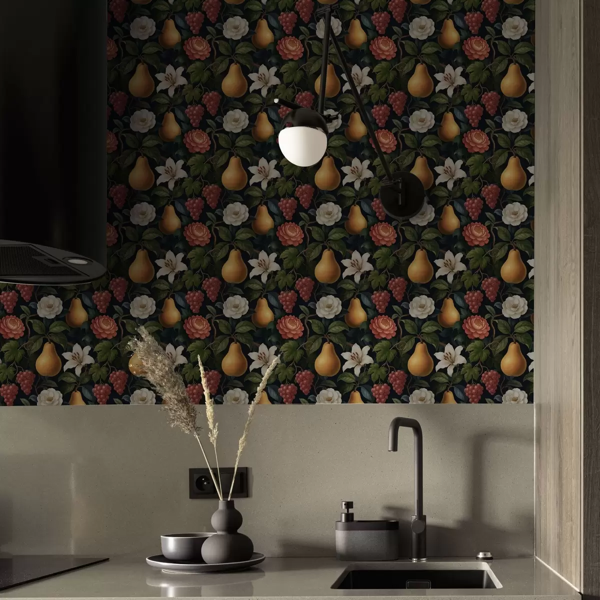 Wallpaper Baroque fruits and flowers on a dramatic dark background a00387