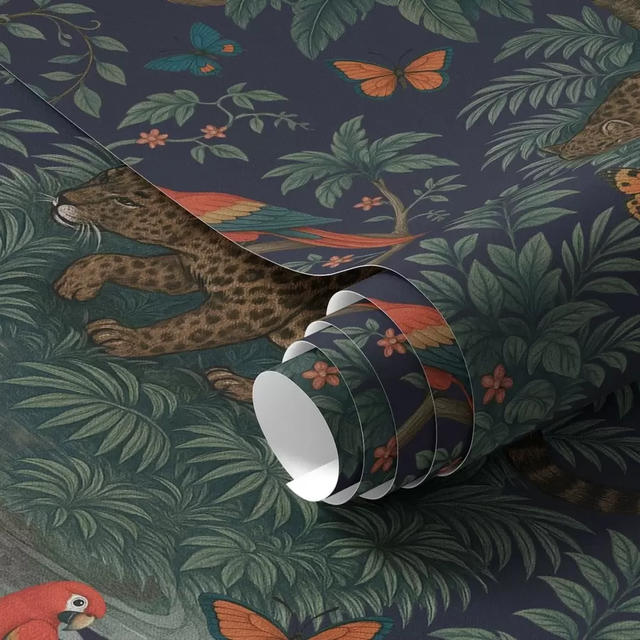 wall murals Tropical jungle with leopard, leopard, parrots and butterflies a00388