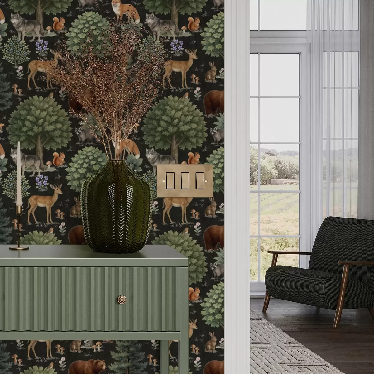 Wallpaper Watercolor forest animals with trees and mushrooms a00391