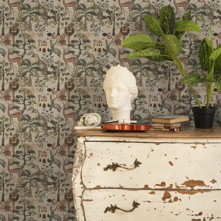 wall murals Safari animals and savannah leaves in warm earthy tones a00392