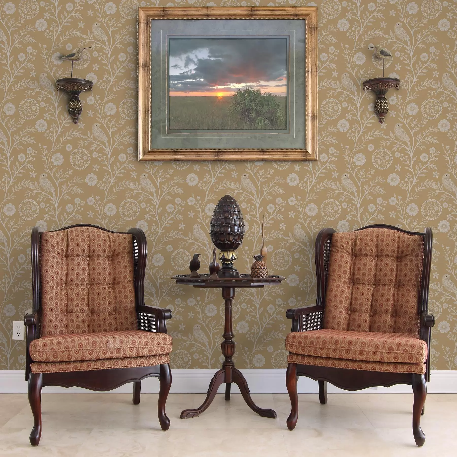 wall murals Delicate sketch of a white bird and flower white bird and flower on ocher background a00393