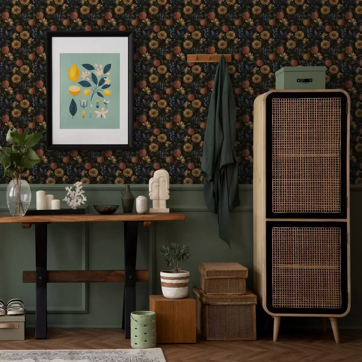 Wallpaper Fruits and yellow flowers on dark botanical background a00395