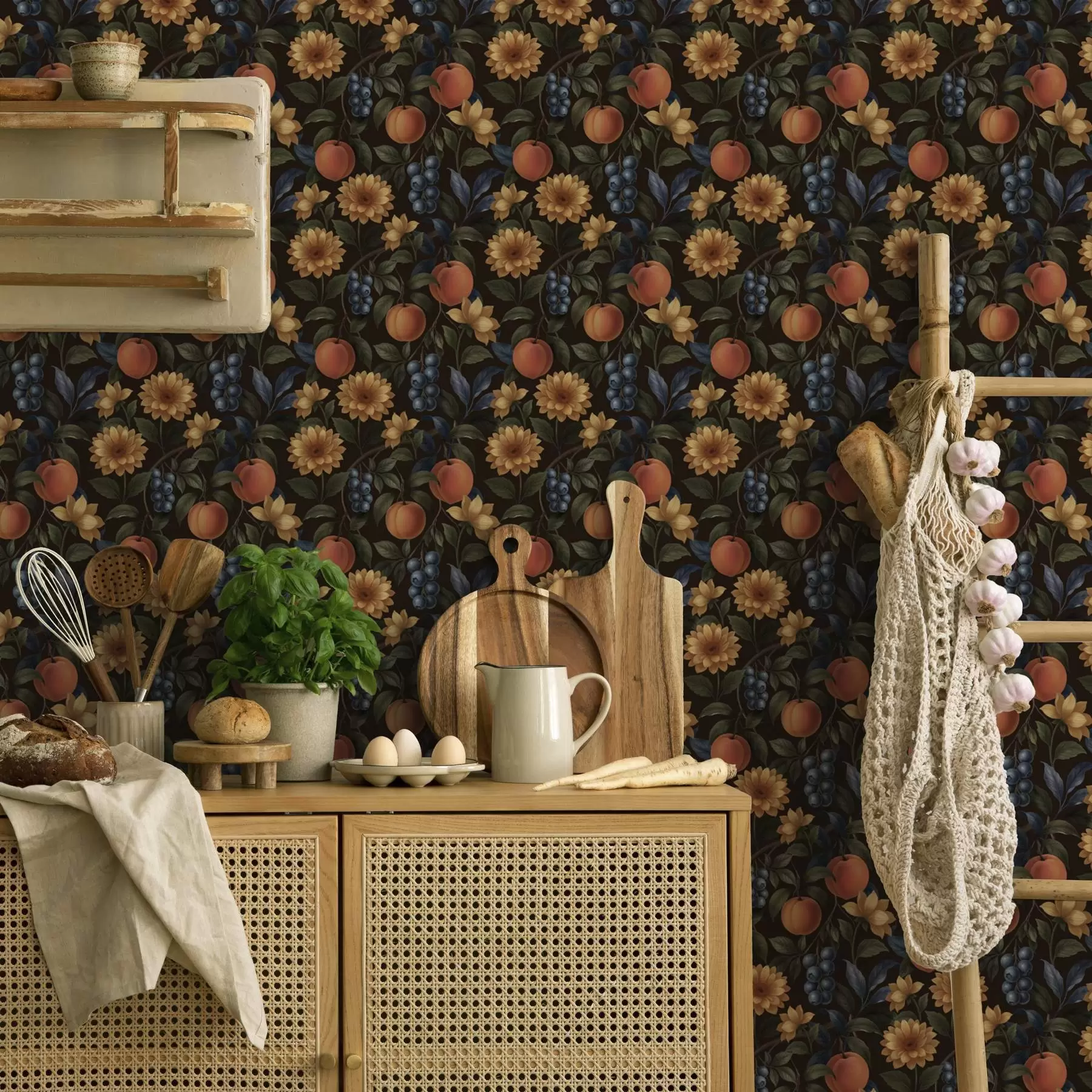 wall murals Fruits and yellow flowers on dark botanical background a00395