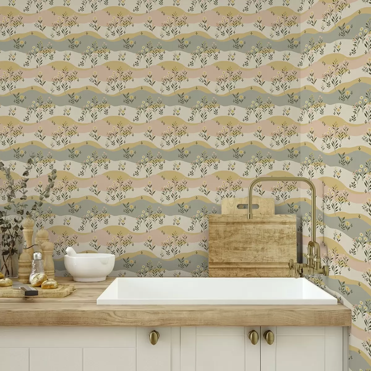 Wallpaper Wavy meadow flowers in pastel minimalist style a00396