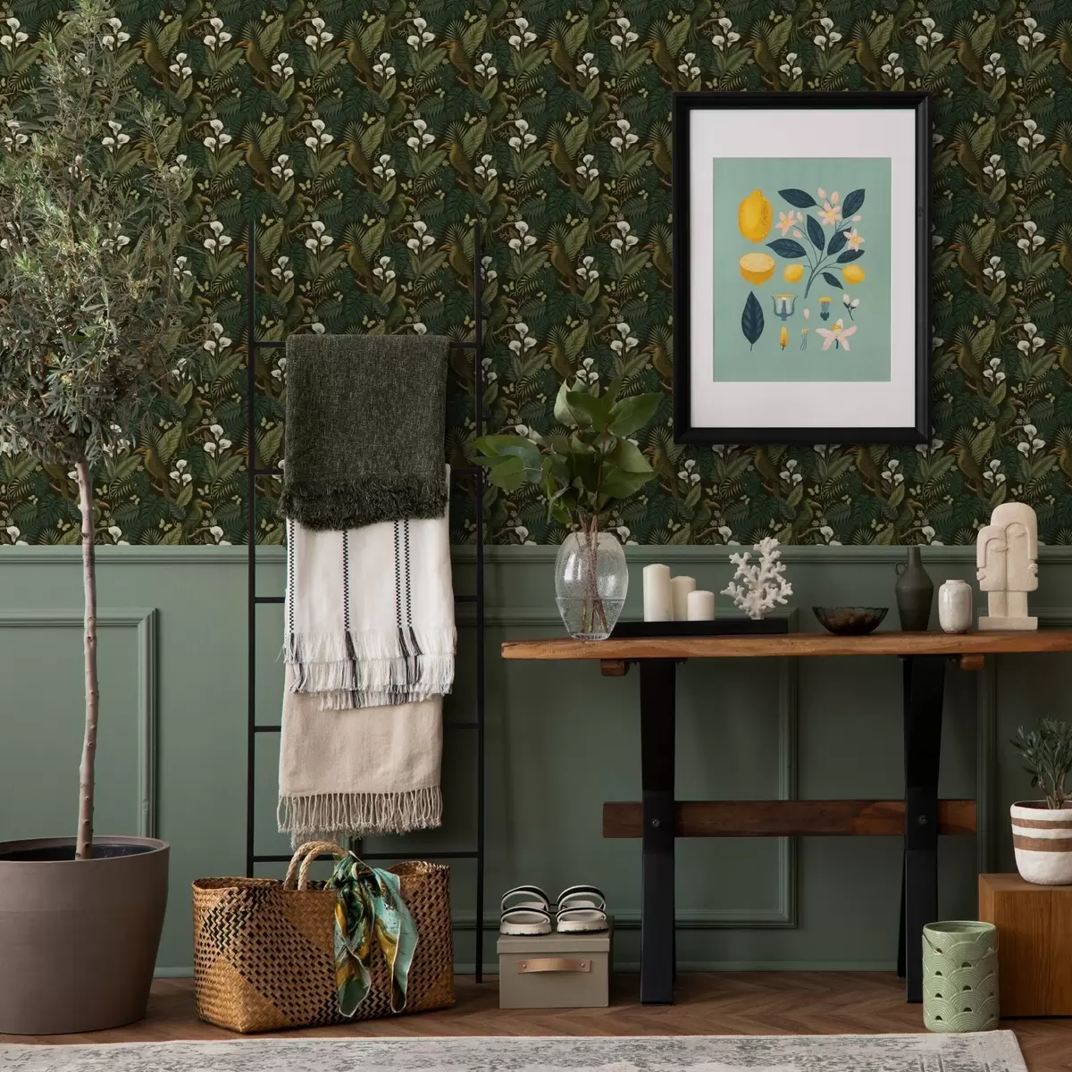 Wallpaper Tropical birds and lush greenery on dark jungle background a00397