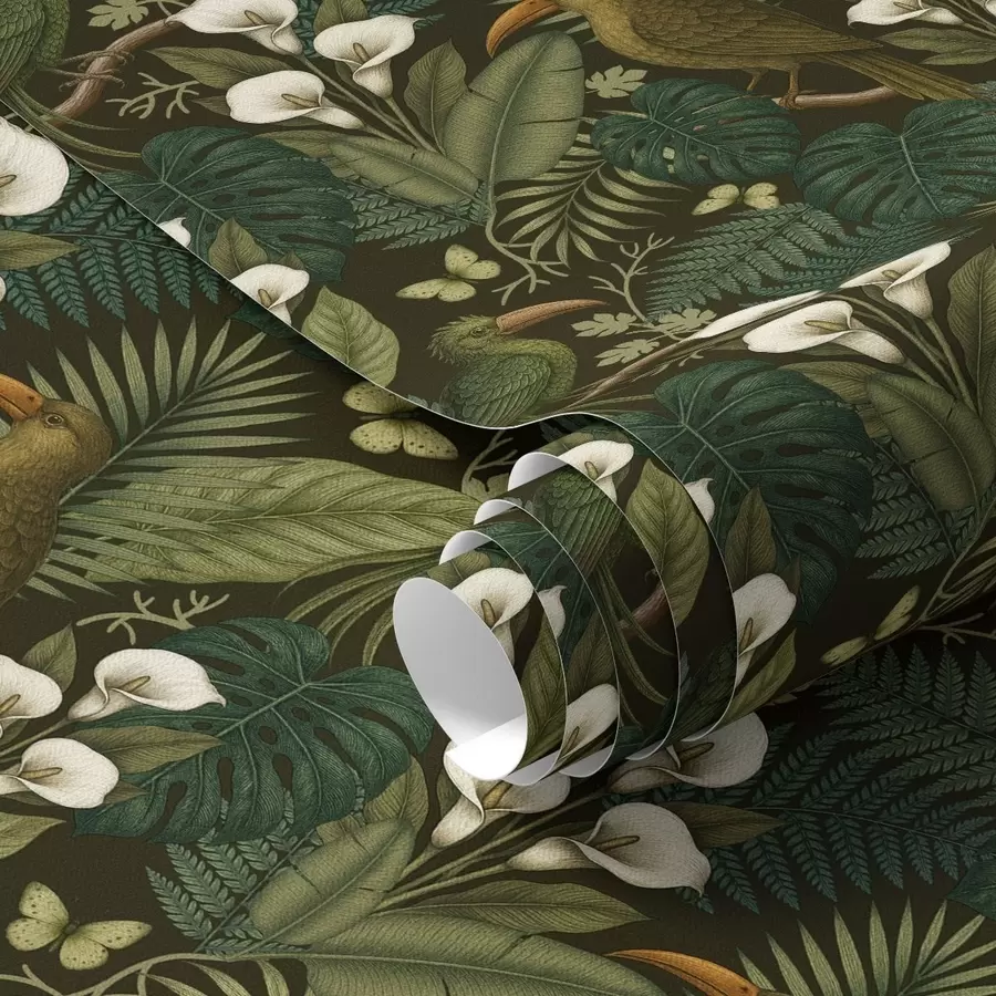wall murals Tropical birds and lush greenery on dark jungle background a00397