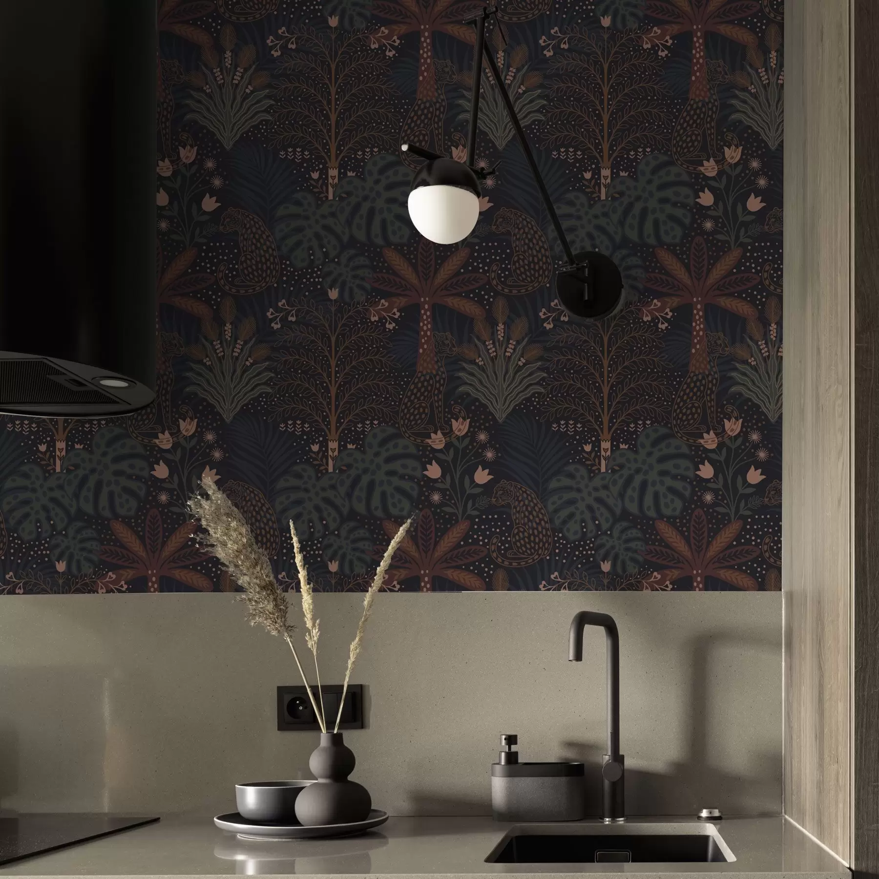 wall murals Dark jungle with leopards palm trees and flowers a00424