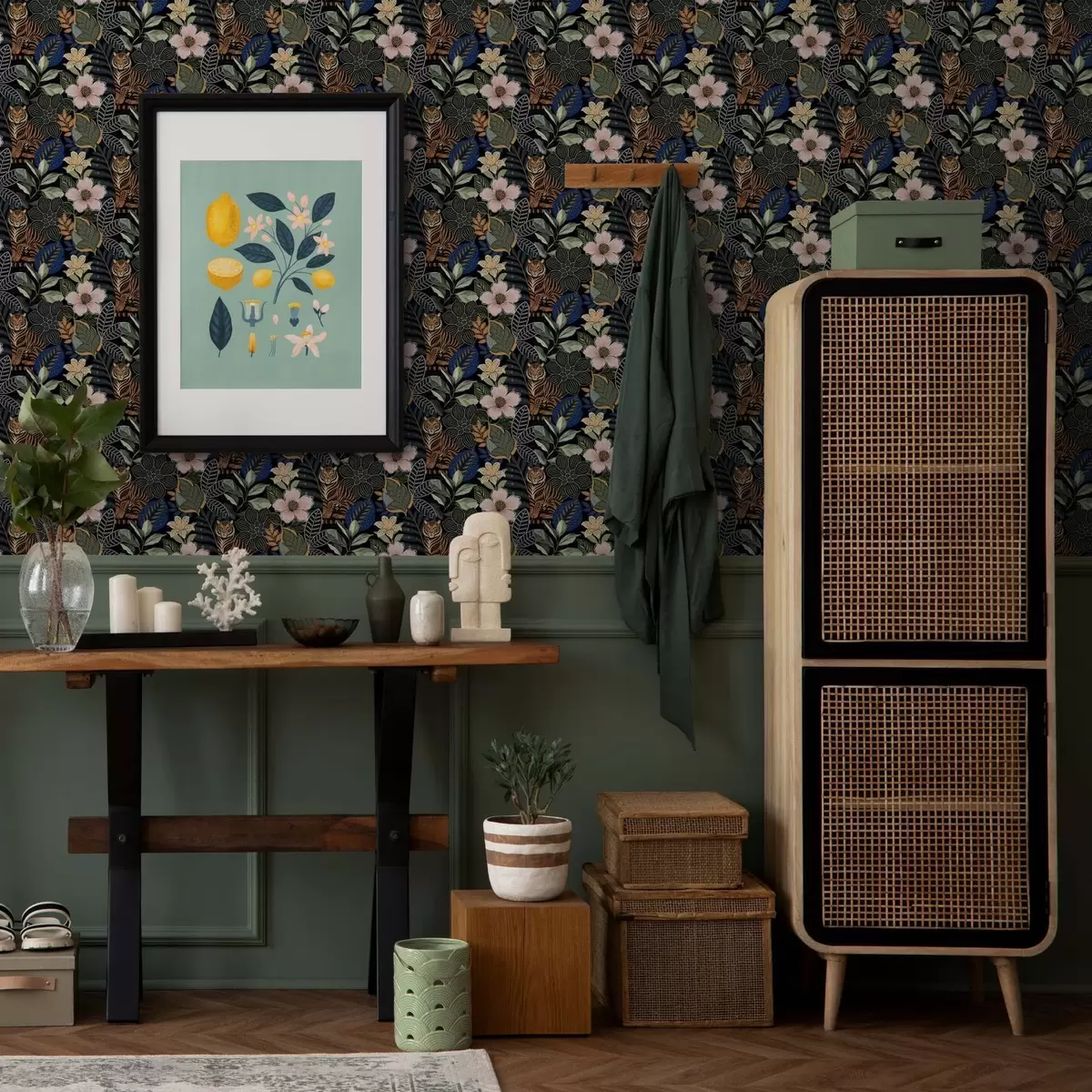 Wallpaper Tigers among bright tropical flowers and leaves a00426