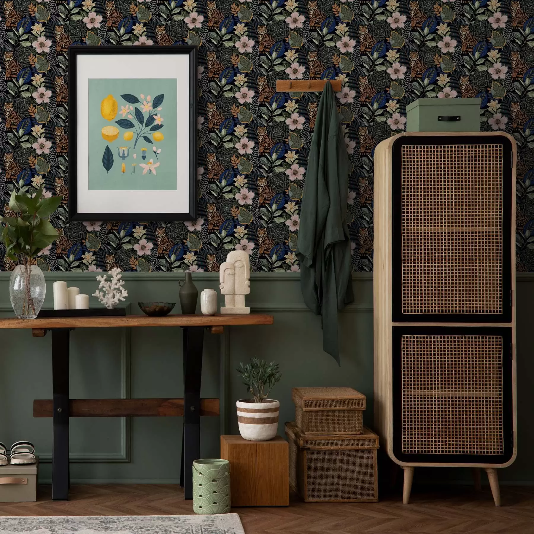 wall murals Tigers among bright tropical flowers and leaves a00426