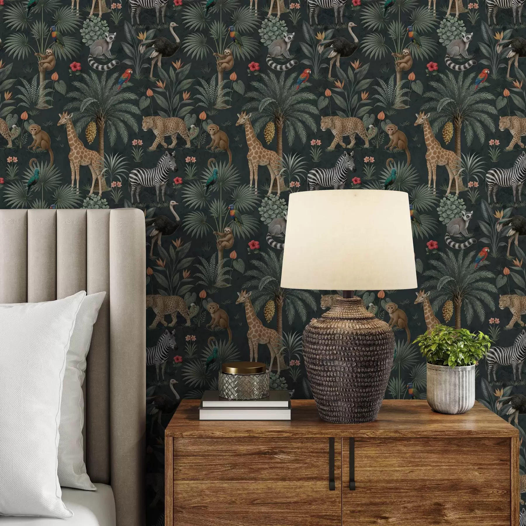 wall murals Realistic tropical animals among plants a00427