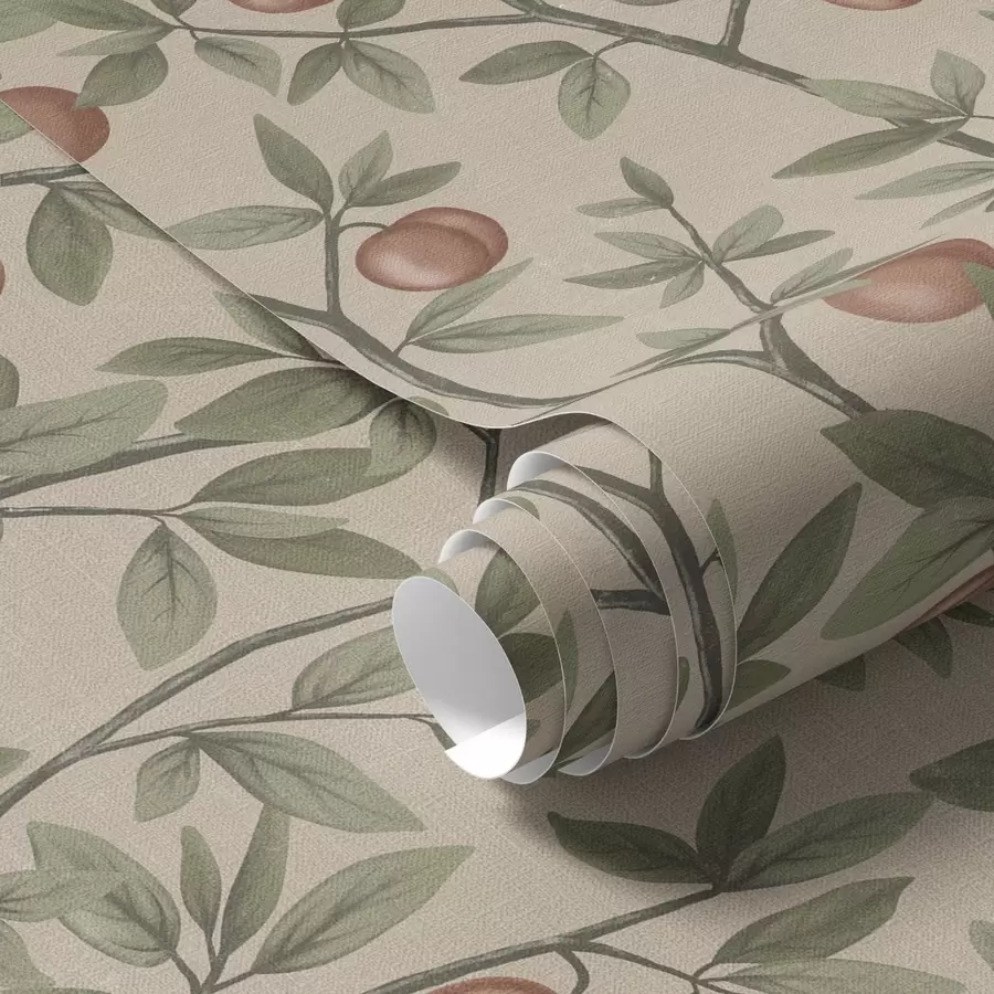 wall murals Peaches on branches with green leaves on beige background a00429