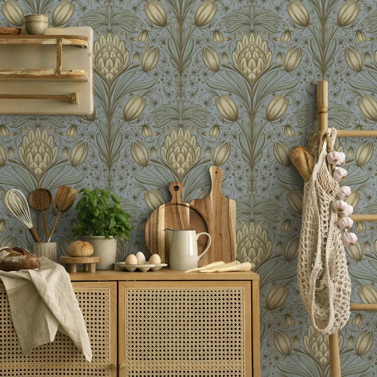 Wallpaper Blue pattern with artichokes and tulips a00435
