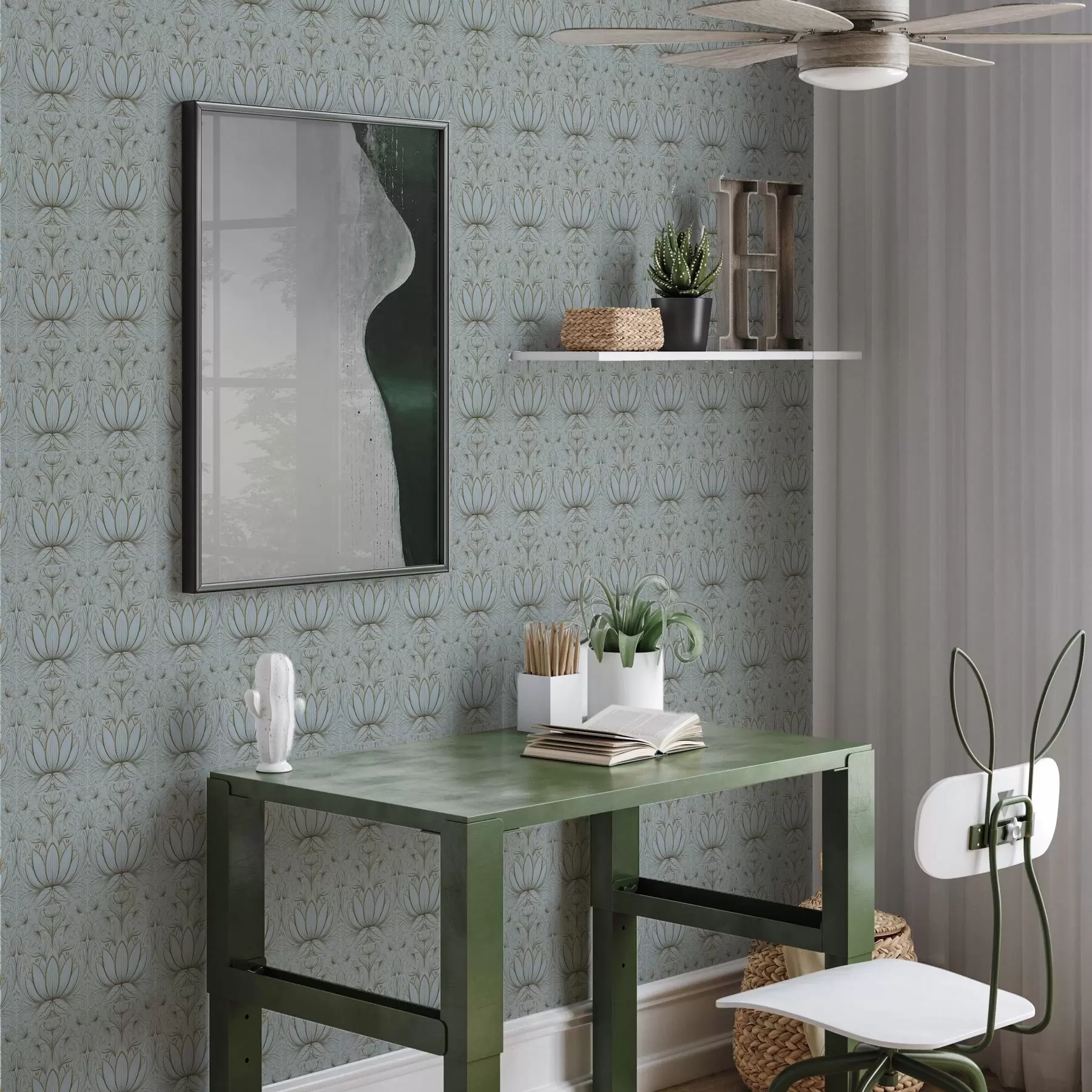 wall murals Lotus ornament in turquoise and yellow palette a00439