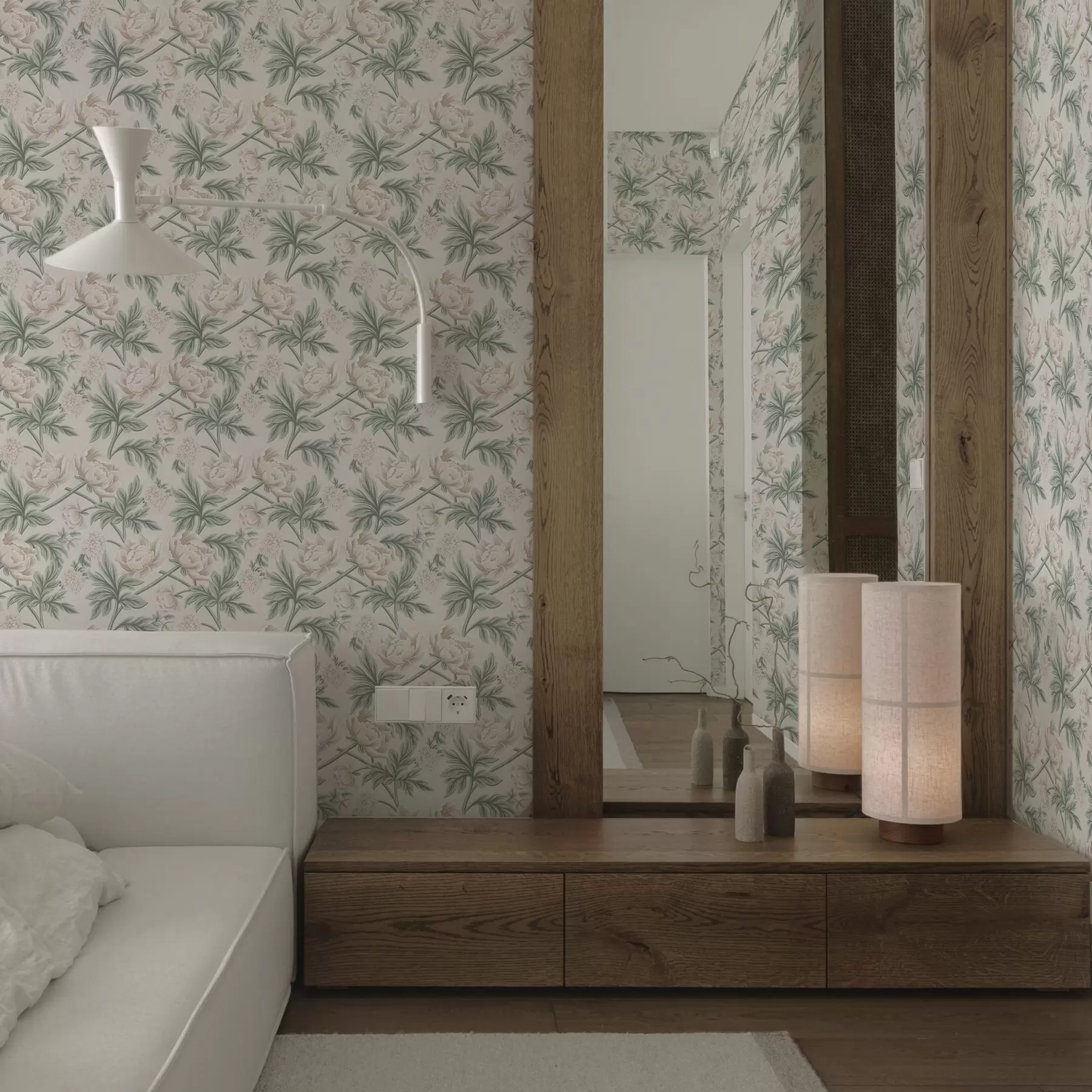 wall murals Lush peonies in light beige and green beige and green a00445