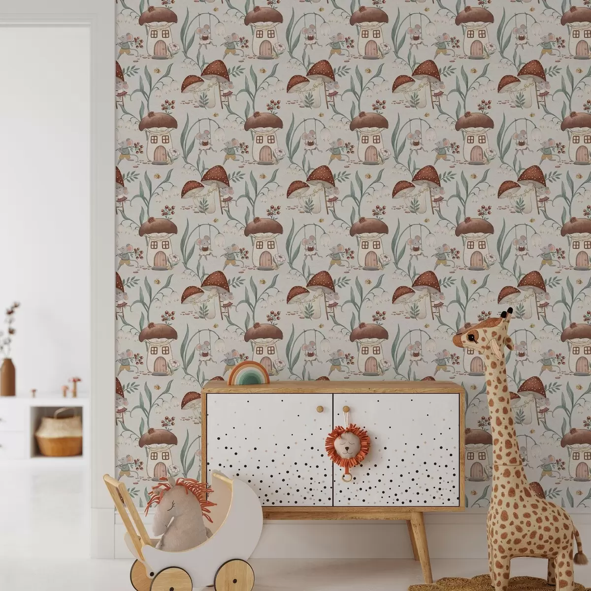 Wallpaper Cute mice and mushrooms on the background of a fancy forest landscape a00450