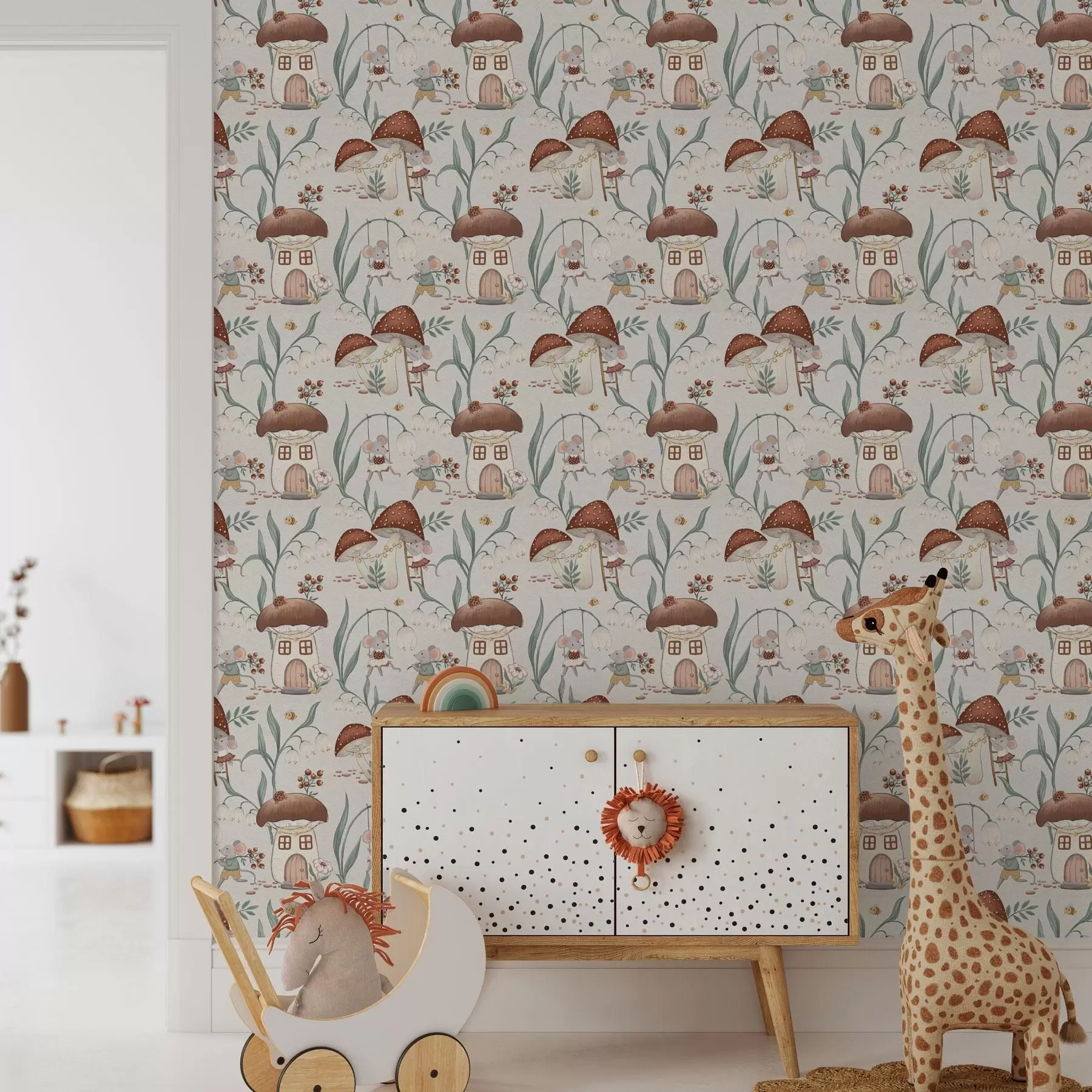 wall murals Cute mice and mushrooms on the background of a fancy forest landscape a00450