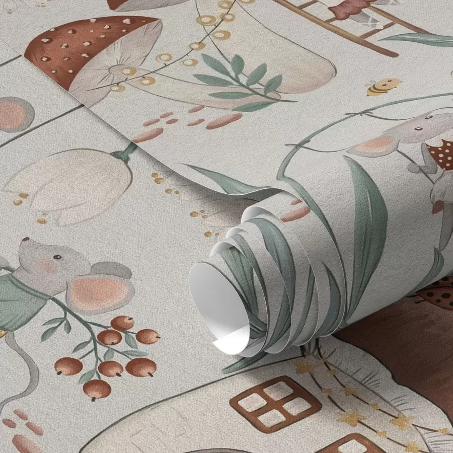 wall murals Cute mice and mushrooms on the background of a fancy forest landscape a00450