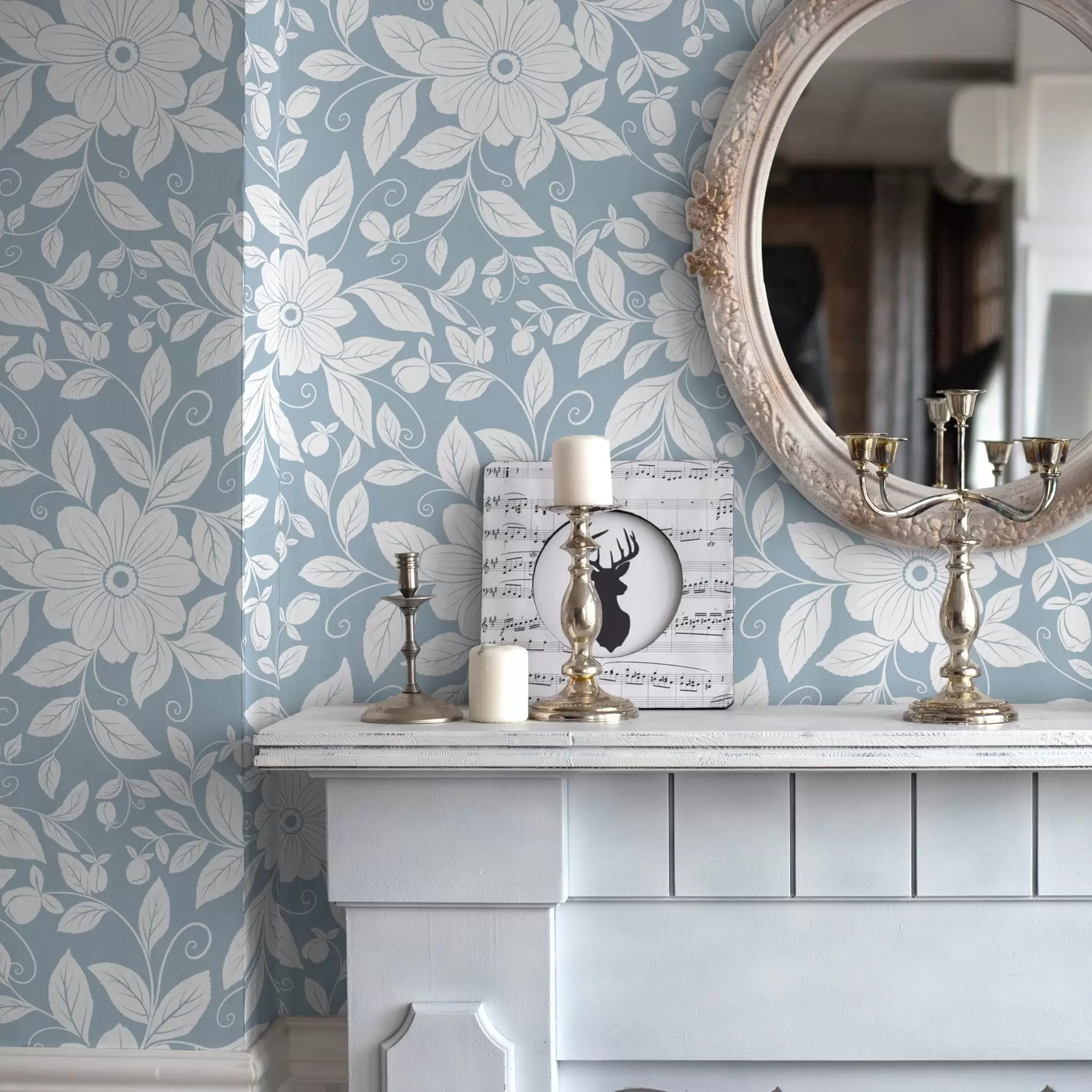 wall murals White floral outline on a pastel blue background a00452