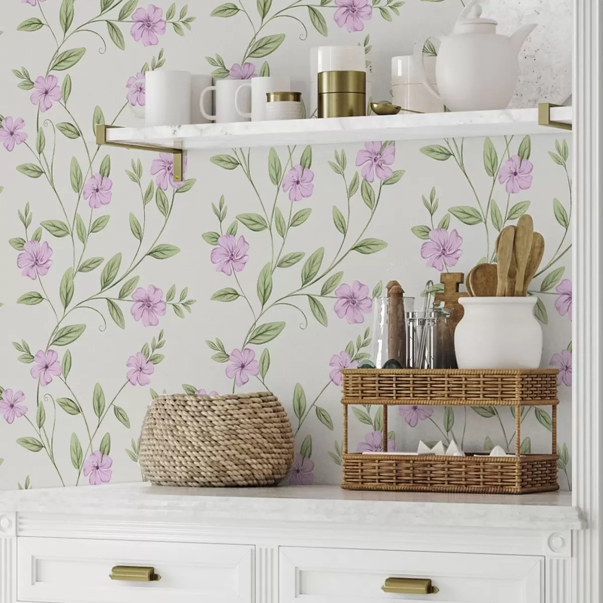 Wallpaper Pink flowers with green vines on a cream background a00453