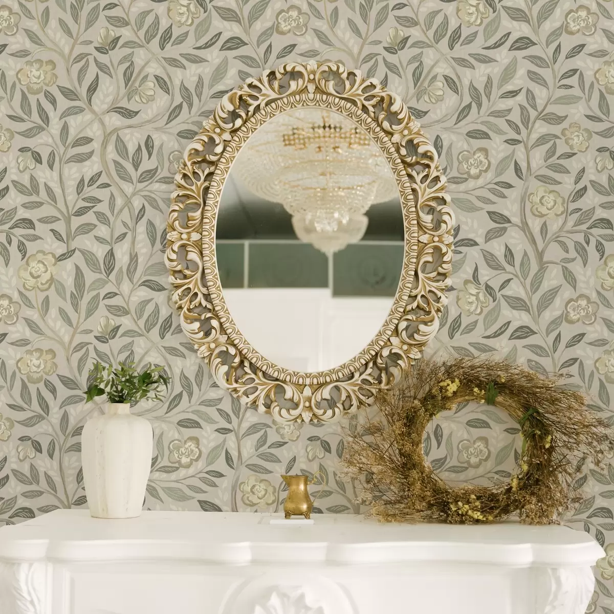 Wallpaper Cream roses and olive leaves on dusty pink background a00455