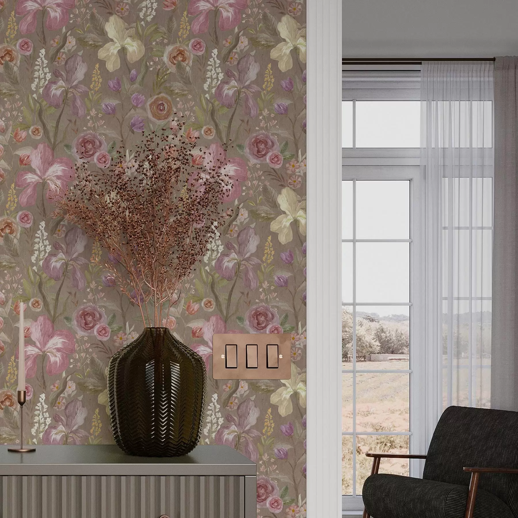 wall murals Vintage pink iris flower pattern on beige textured background a00457