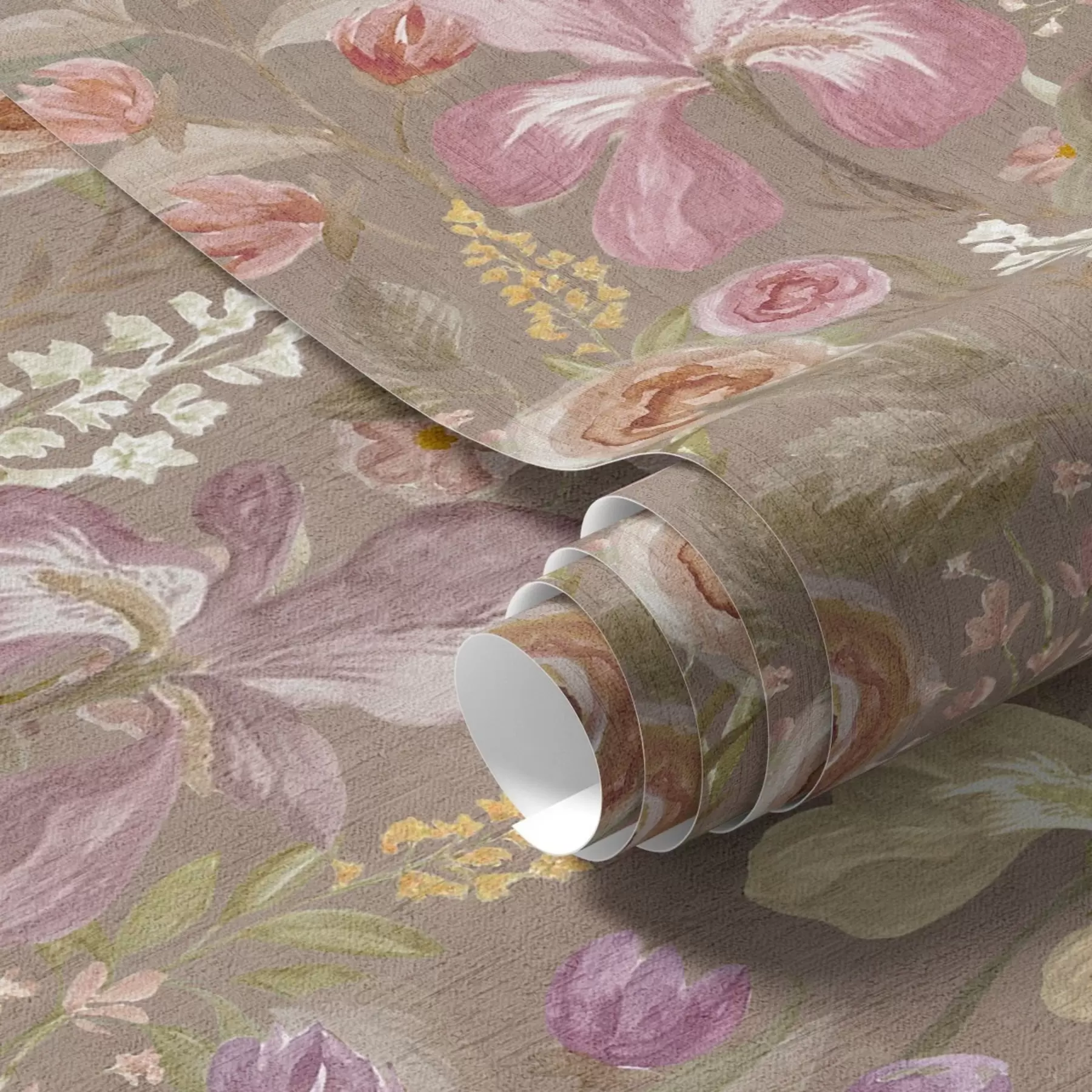 wall murals Vintage pink iris flower pattern on beige textured background a00457