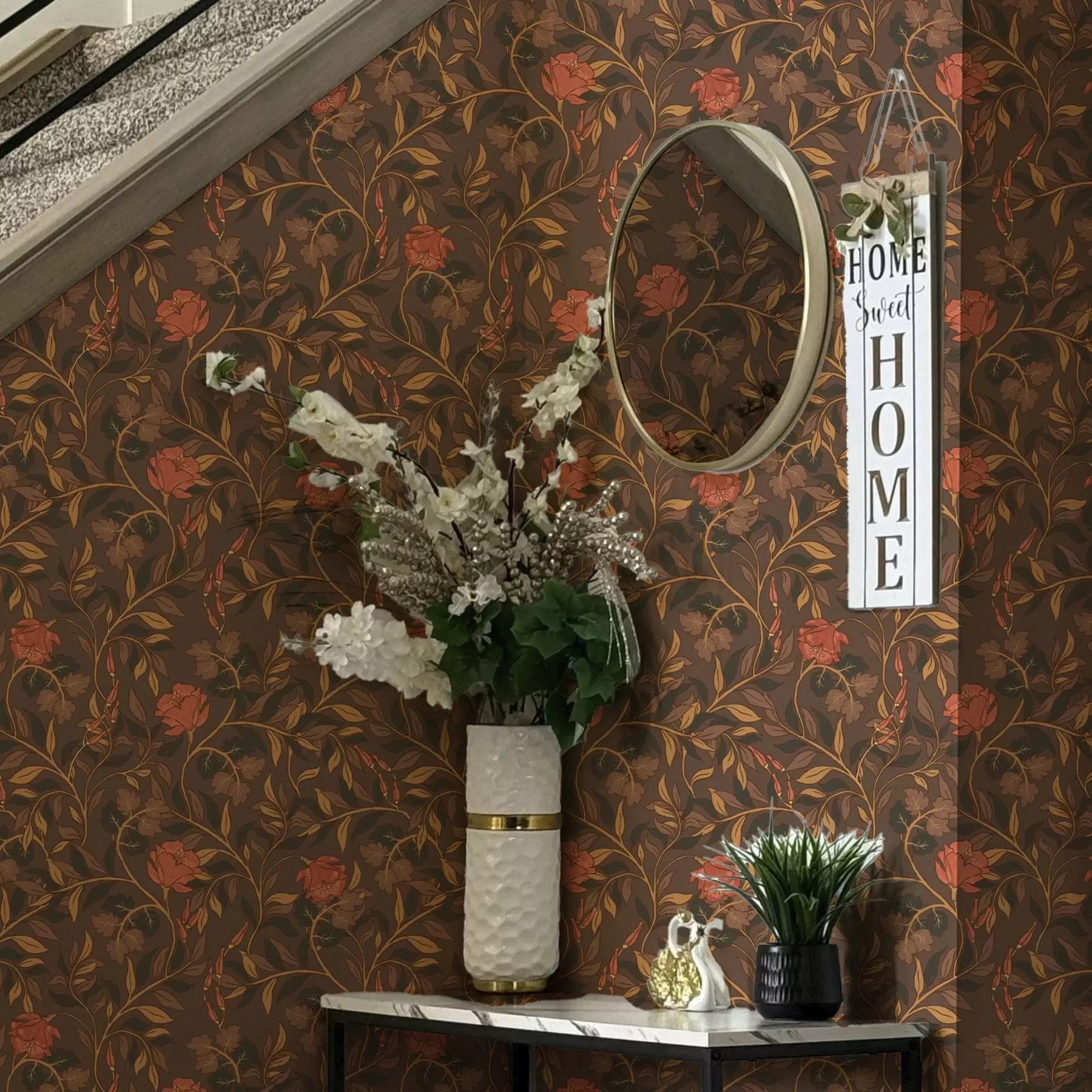 wall murals Blooming terracotta branches on a brown background a00460