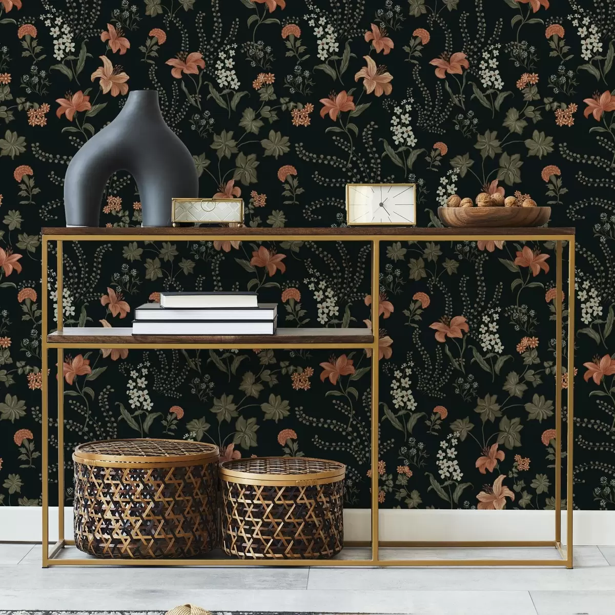 Wallpaper Orange lilies and small flowers on a black background a00463