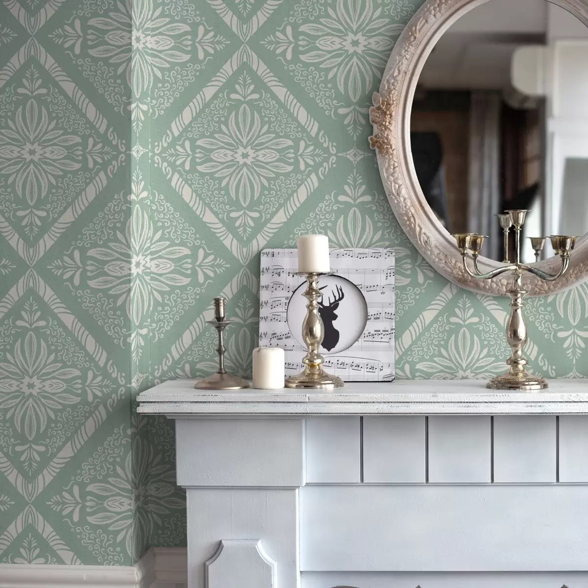 Wallpaper Turquoise and beige geometric pattern with curls a00466