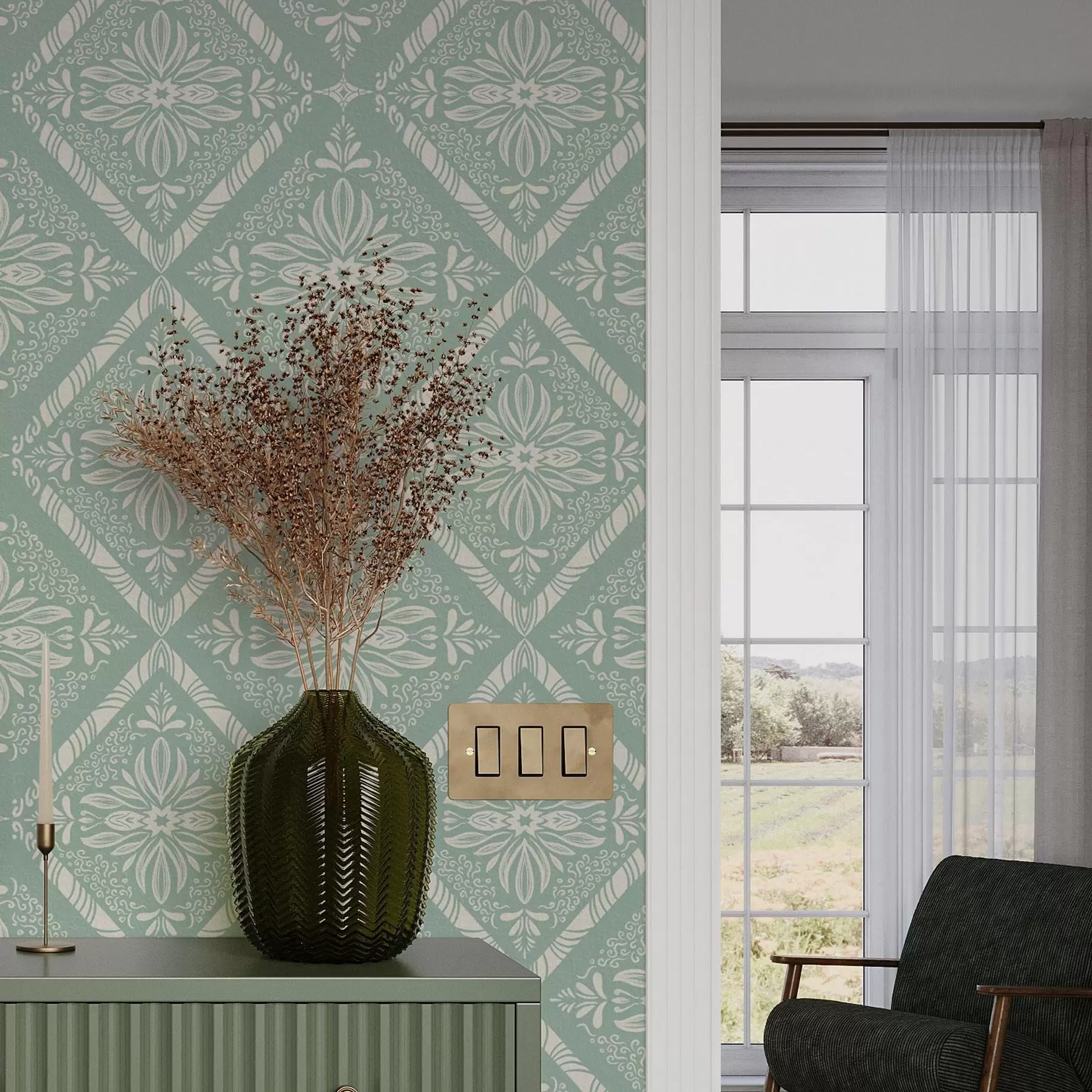 wall murals Turquoise and beige geometric pattern with curls a00466