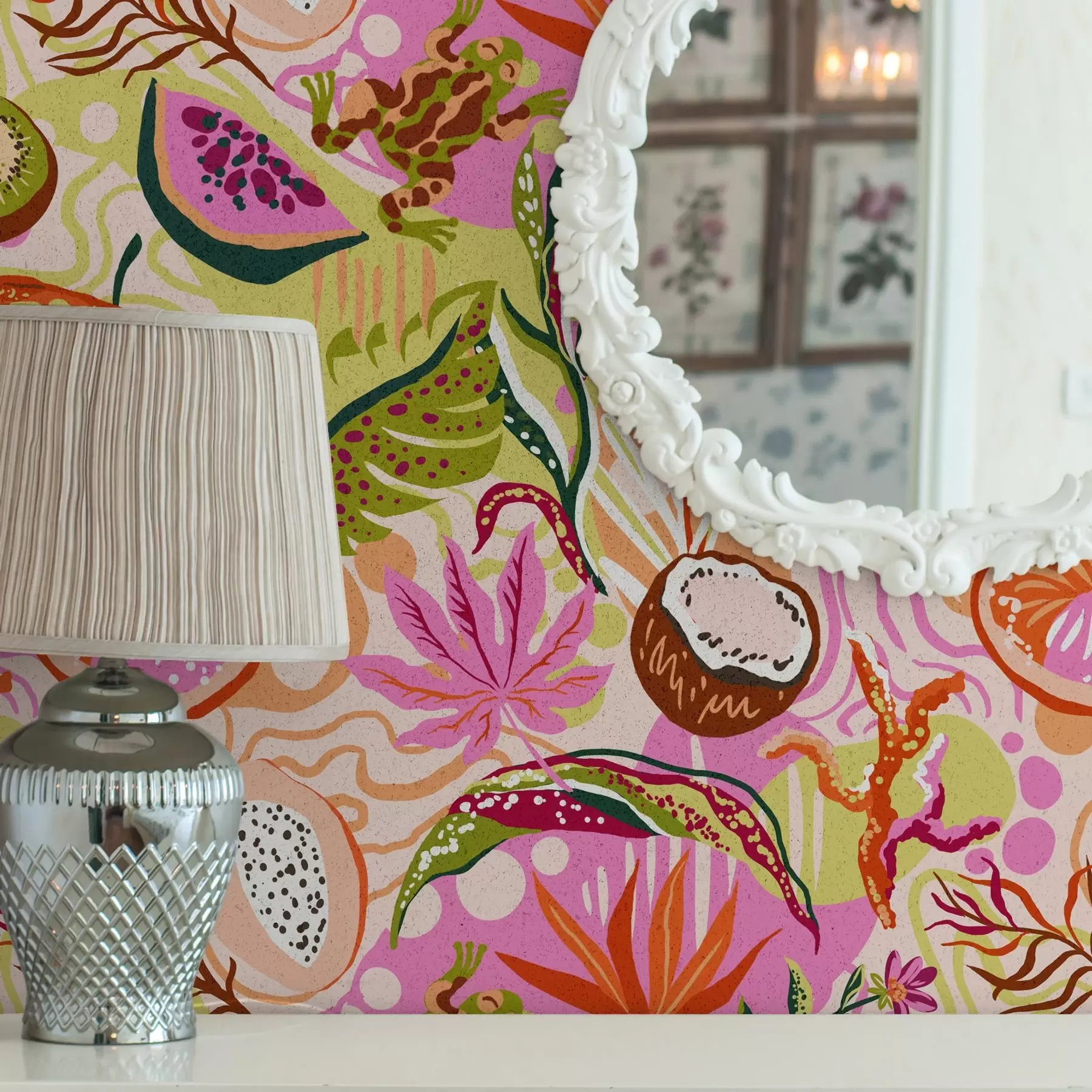 wall murals Exotic fruits, leaves and chameleons in a tropical style a00469