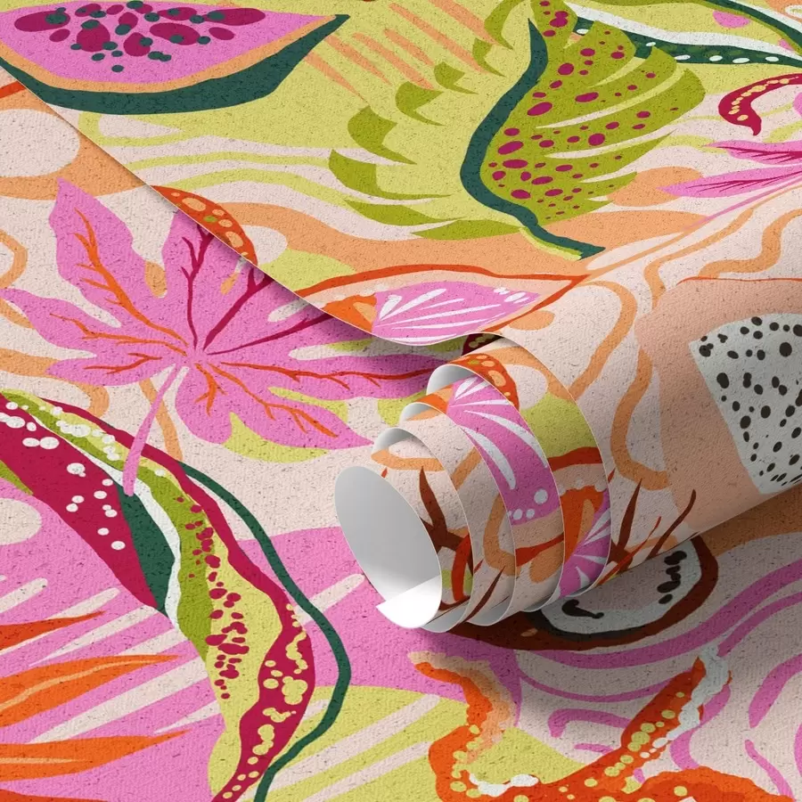 wall murals Exotic fruits, leaves and chameleons in a tropical style a00469