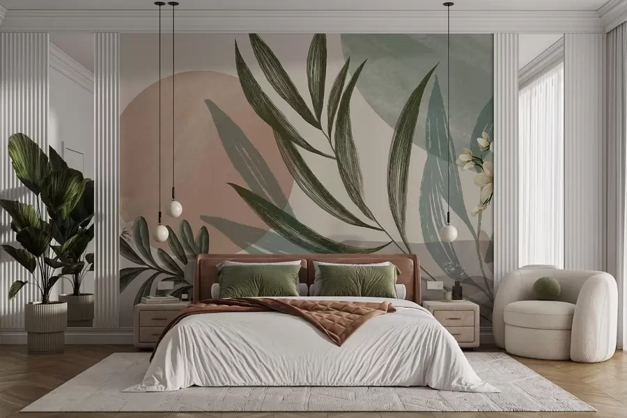 wall murals Abstract botanical art with green palm leaves and white berries, against a background of shapes in muted earth tones w09312