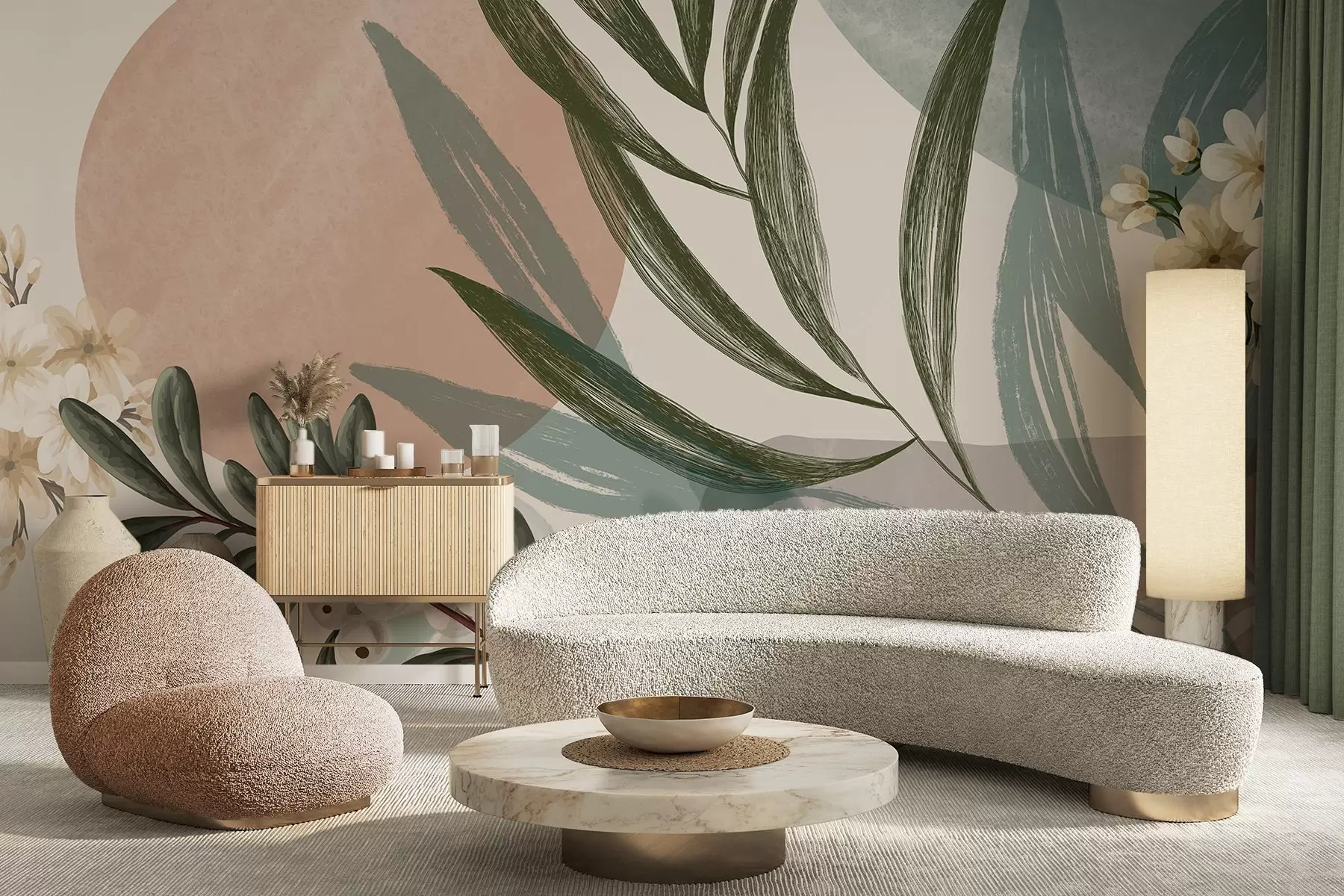 wall murals Abstract botanical art with green palm leaves and white berries, against a background of shapes in muted earth tones w09312