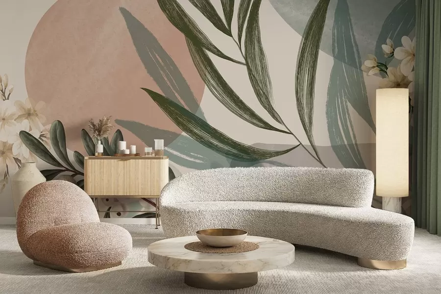 wall murals Abstract botanical art with green palm leaves and white berries, against a background of shapes in muted earth tones w09312