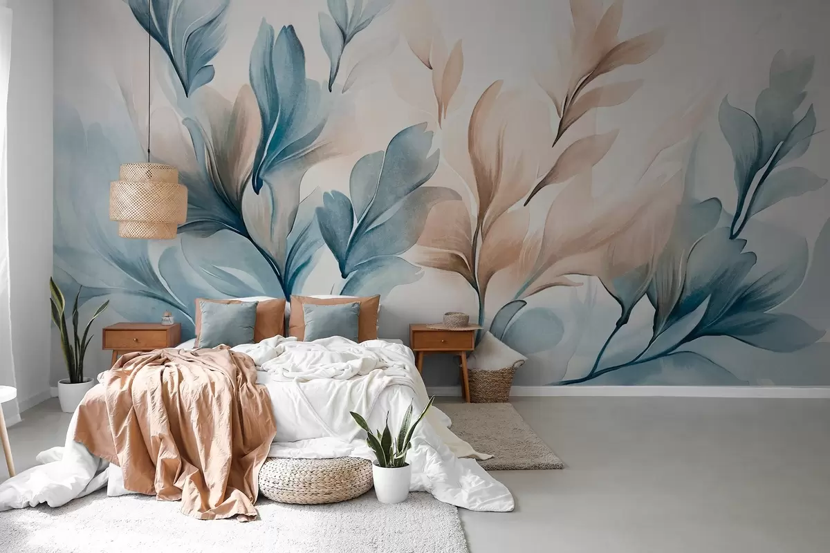 wall murals Blue and brown abstract leaves with visible brush strokes , light and textured, soft color palette, watercolor effect w09313