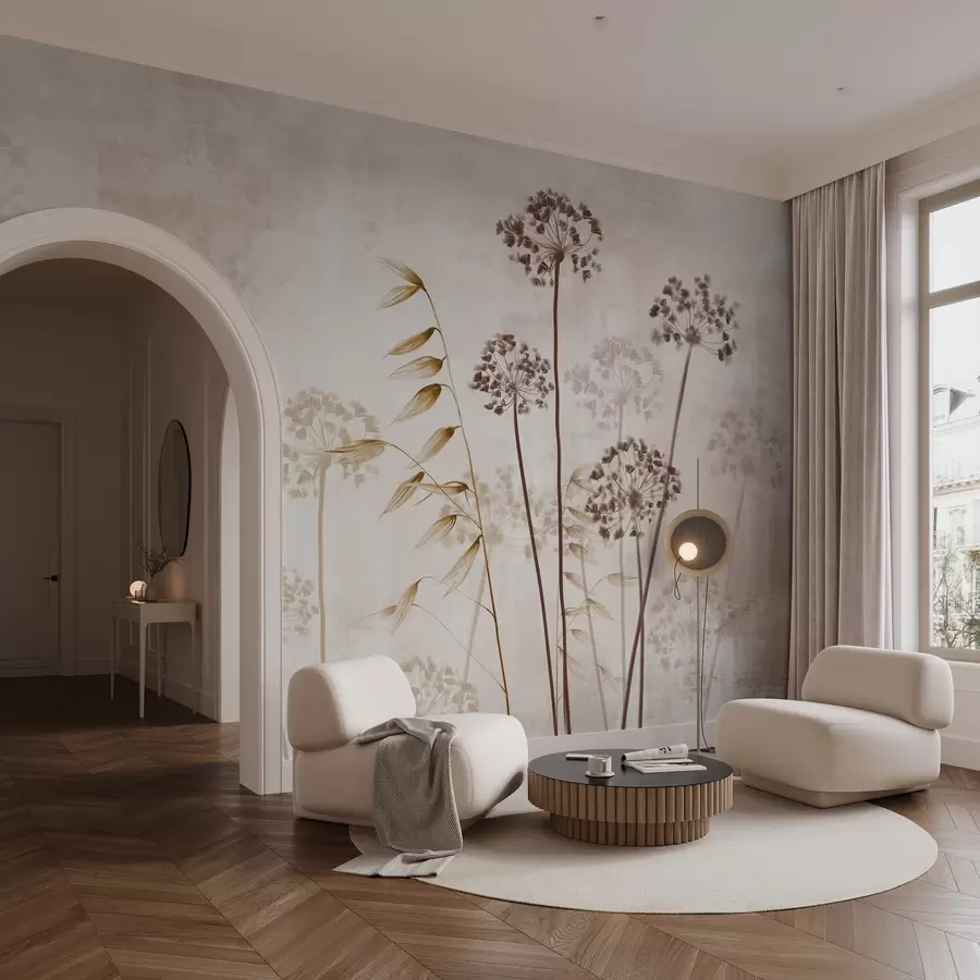 wall murals Dried flowers drawing with long stems, monochrome palette, against a textured, light beige background, botanical illustration w09314v1