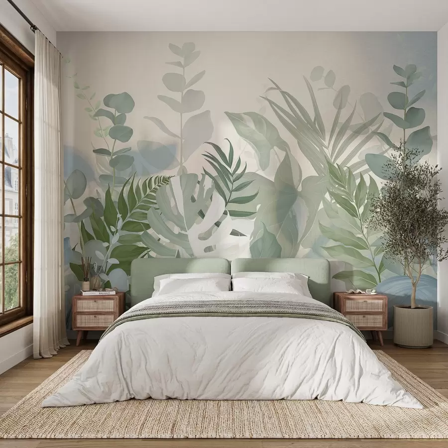 wall murals Pastel green plants ferns, monstera and eucalyptus, light textured background, soft lighting, peaceful , botanical illustration w09316