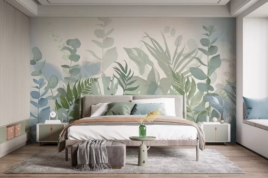 wall murals Pastel green plants ferns, monstera and eucalyptus, light textured background, soft lighting, peaceful , botanical illustration w09316
