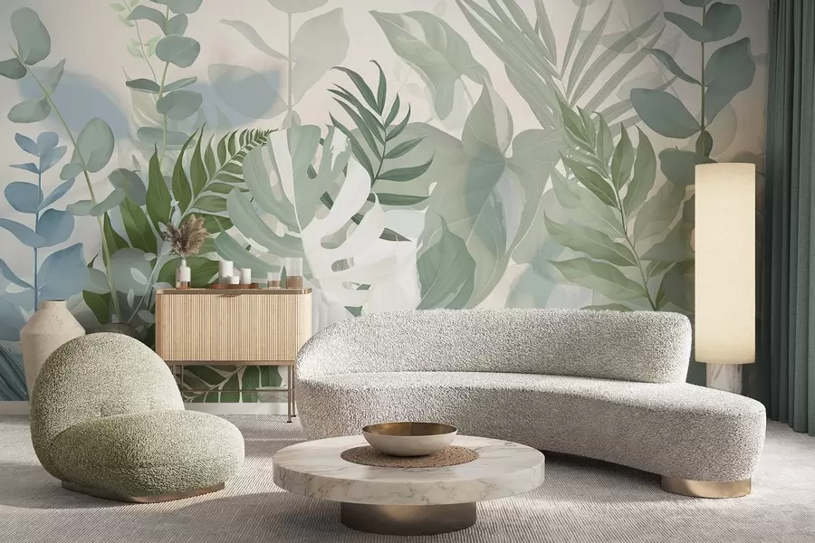wall murals Pastel green plants ferns, monstera and eucalyptus, light textured background, soft lighting, peaceful , botanical illustration w09316