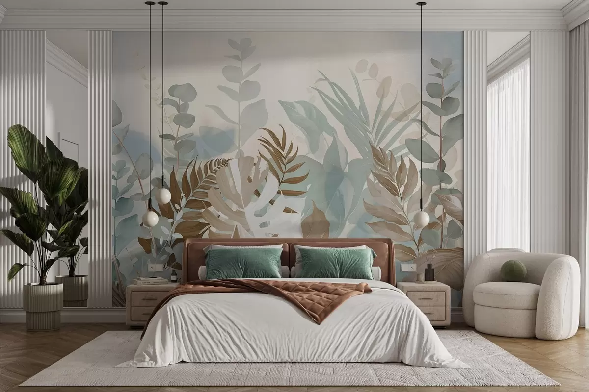 wall murals Pastel plants ferns, monstera and eucalyptus, light textured background, soft lighting, peaceful , botanical illustration w09316v1