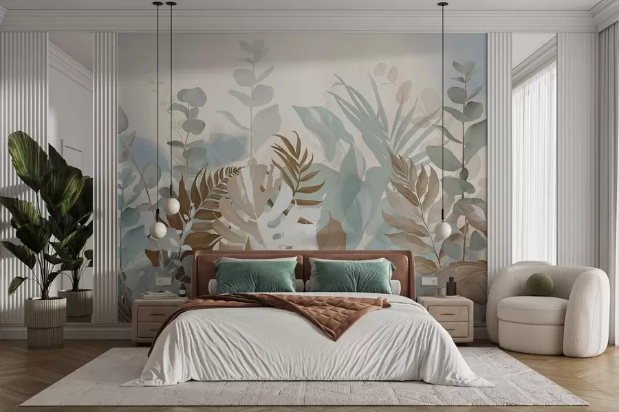 wall murals Pastel plants ferns, monstera and eucalyptus, light textured background, soft lighting, peaceful , botanical illustration w09316v1