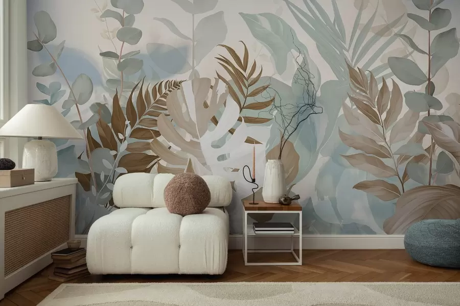 wall murals Pastel plants ferns, monstera and eucalyptus, light textured background, soft lighting, peaceful , botanical illustration w09316v1