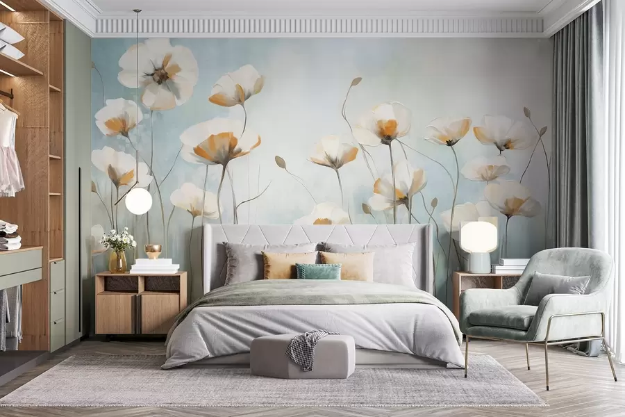 wall murals White textured poppies on long stems, light blue and green background, soft brushstrokes, delicate floral field arrangement w09317
