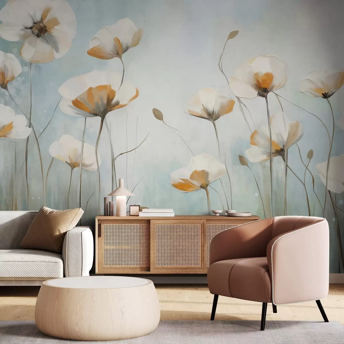 wall murals White textured poppies on long stems, light blue and green background, soft brushstrokes, delicate floral field arrangement w09317