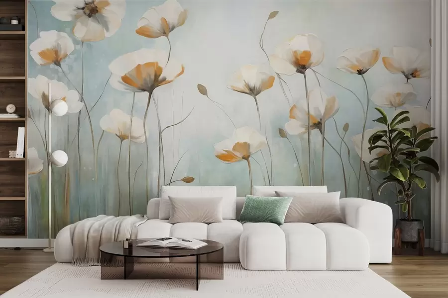 wall murals White textured poppies on long stems, light blue and green background, soft brushstrokes, delicate floral field arrangement w09317