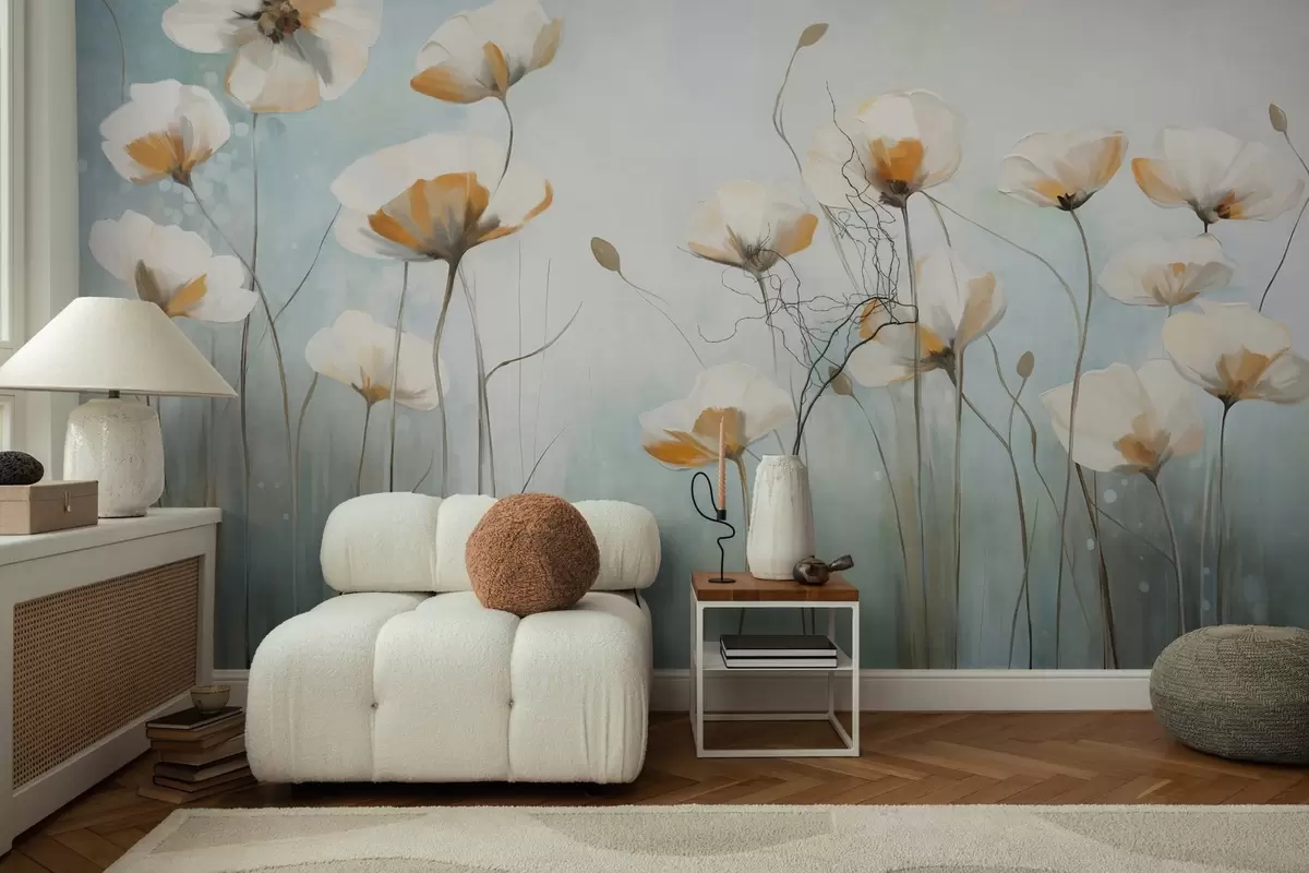 wall murals White textured poppies on long stems, light blue and green background, soft brushstrokes, delicate floral field arrangement w09317