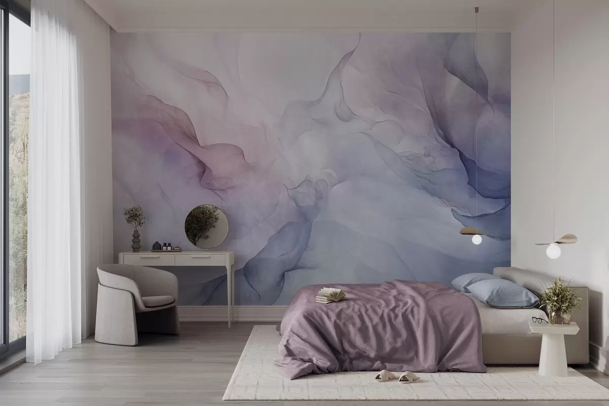 wall murals Abstract textured painting with flowing pastel shades of pink, purple and blue creating a soft effect w09318